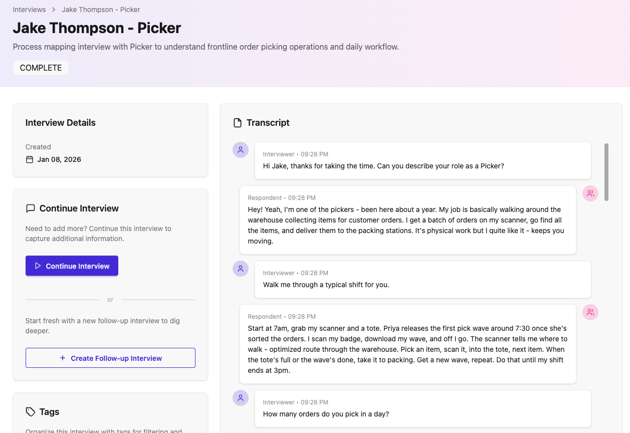 AI interview transcript showing conversation flow